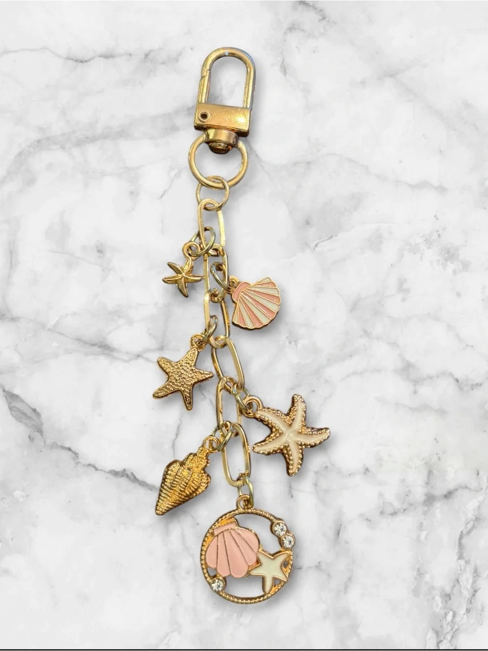 Gold-tone Seashell & Starfish Keychain Charm - Pink Accents